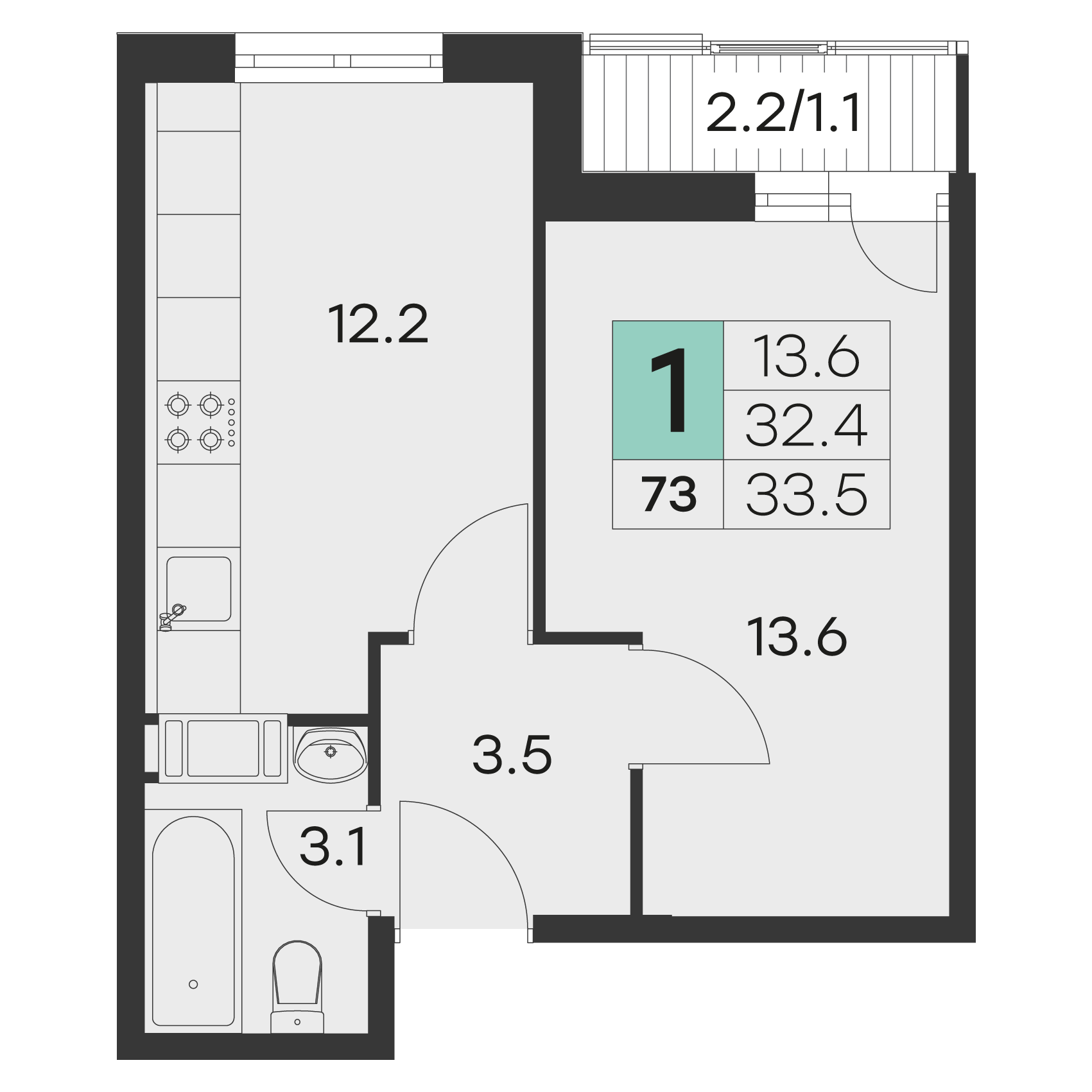 1 комн. квартира, 33.5 м², 4 этаж 
