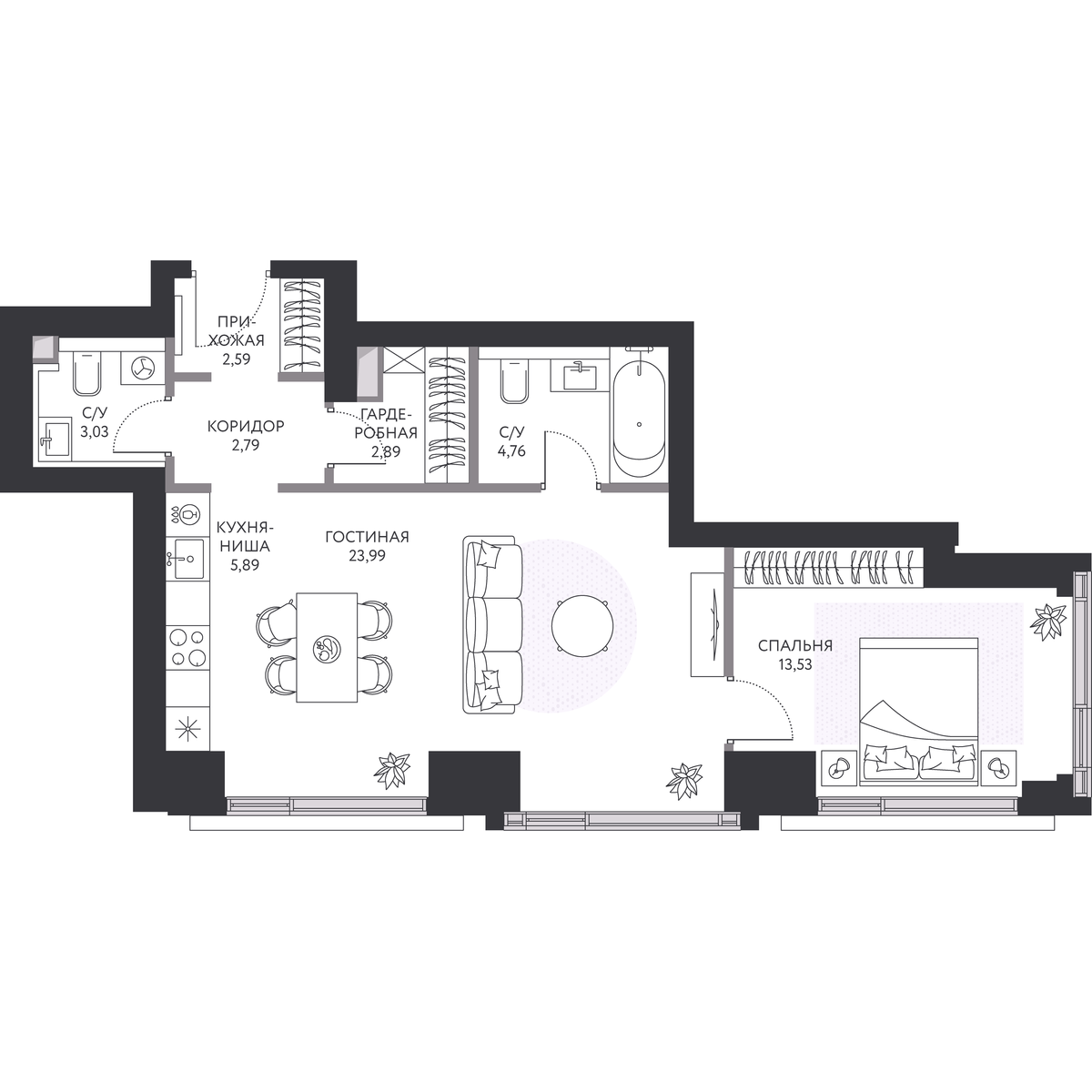 1 комн. квартира, 60.1 м², 4 этаж 
