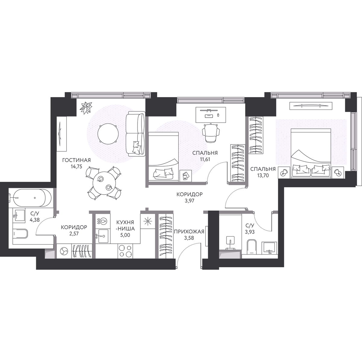 2 комн. квартира, 64.2 м², 10 этаж 