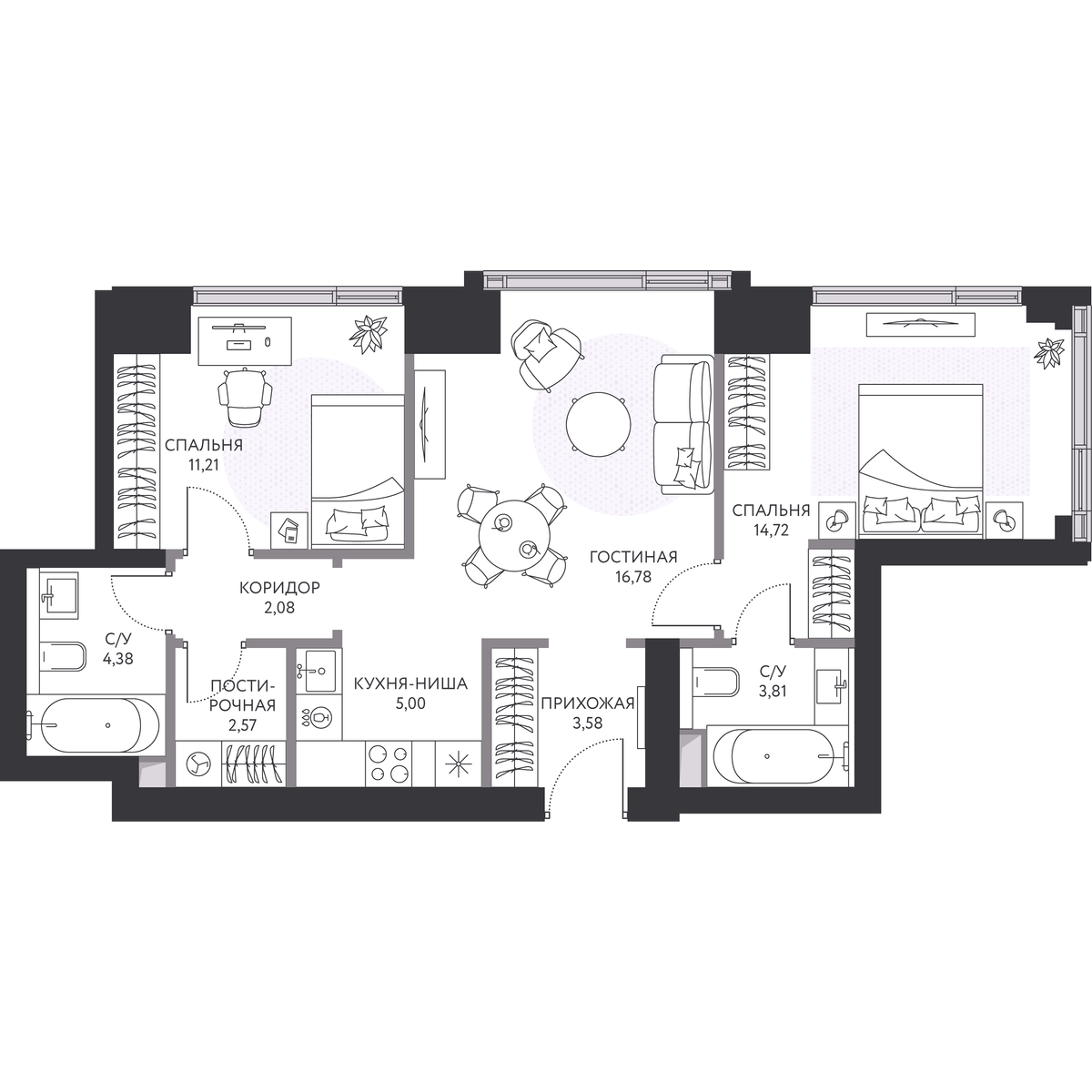 2 комн. квартира, 64.7 м², 7 этаж 