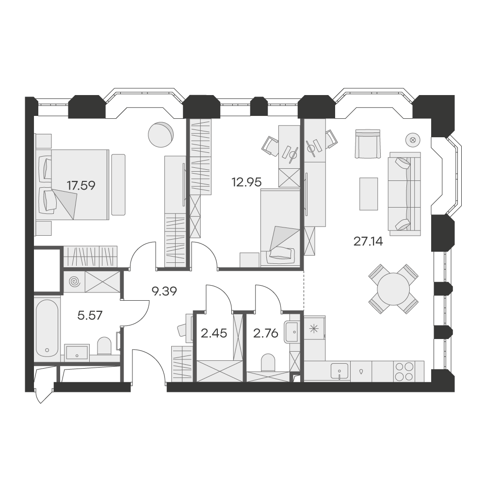 1 комн. квартира, 77.8 м², 6 этаж 
