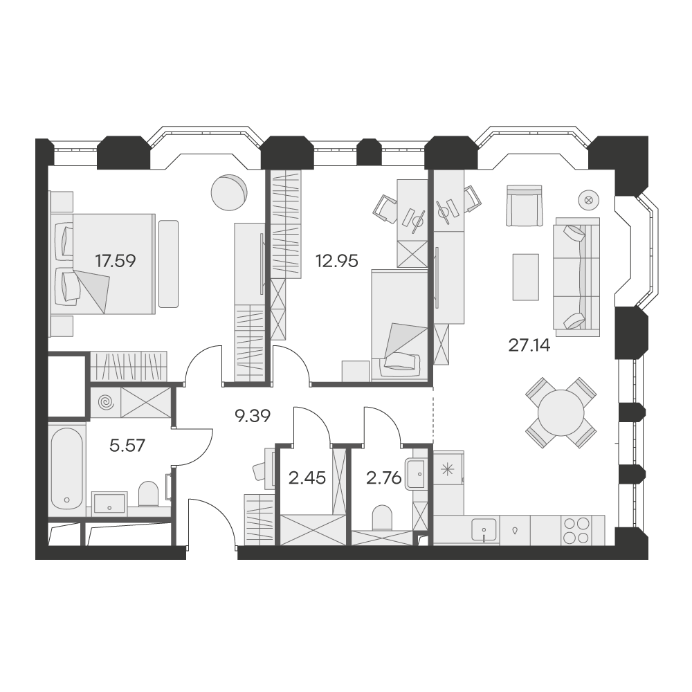 1 комн. квартира, 77.7 м², 12 этаж 