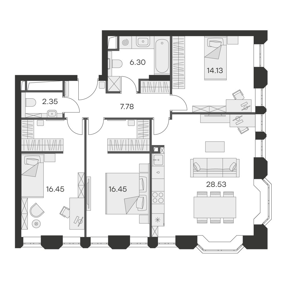 2 комн. квартира, 91.4 м², 12 этаж 
