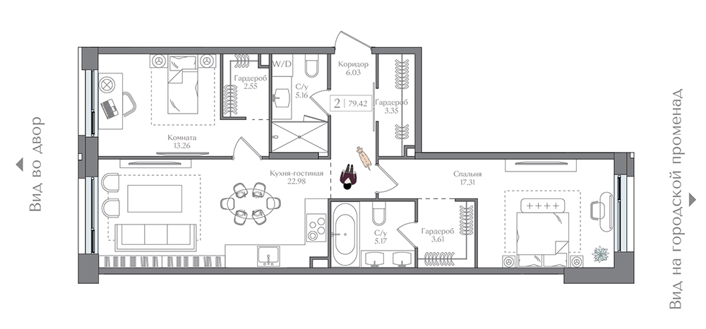 2 комн. квартира, 79.4 м², 2 этаж 