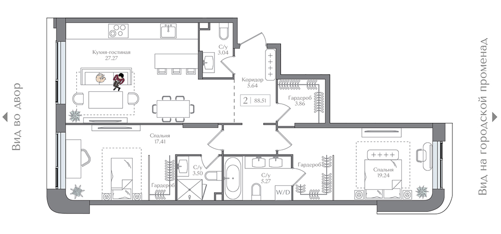 2 комн. квартира, 88 м², 12 этаж 