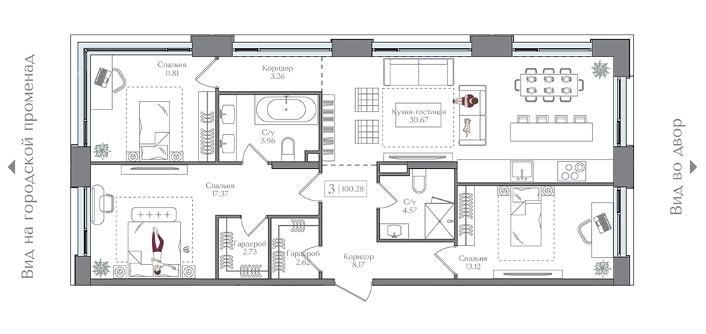 3 комн. квартира, 100.3 м², 4 этаж 