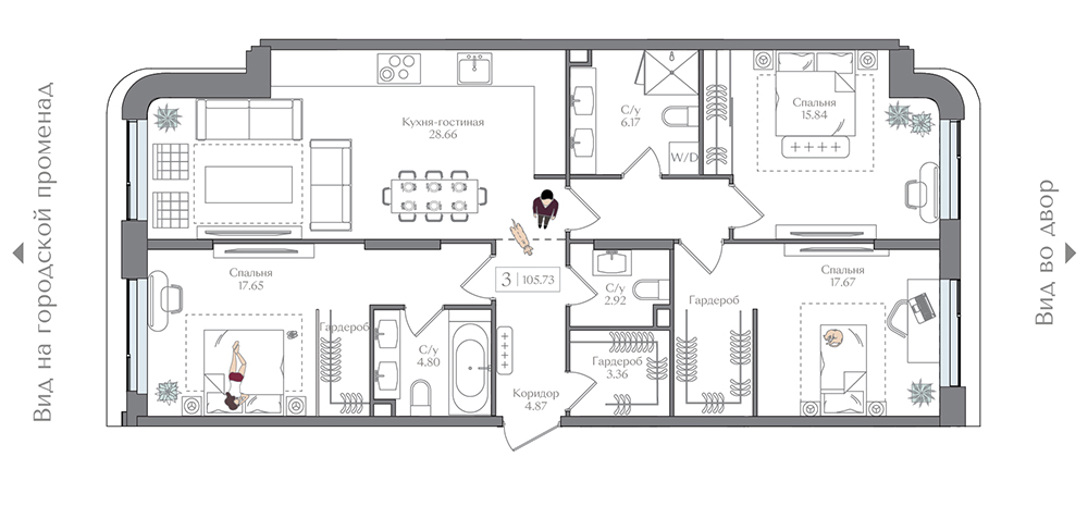 3 комн. квартира, 105.7 м², 6 этаж 