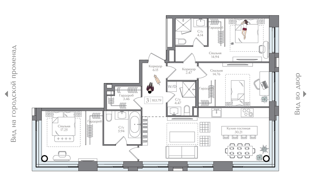 3 комн. квартира, 103.8 м², 9 этаж 