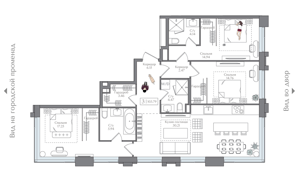 3 комн. квартира, 103.8 м², 13 этаж 