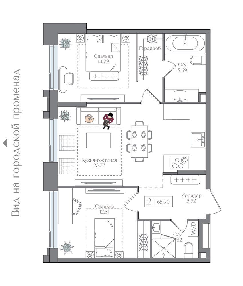 2 комн. квартира, 65.9 м², 13 этаж 