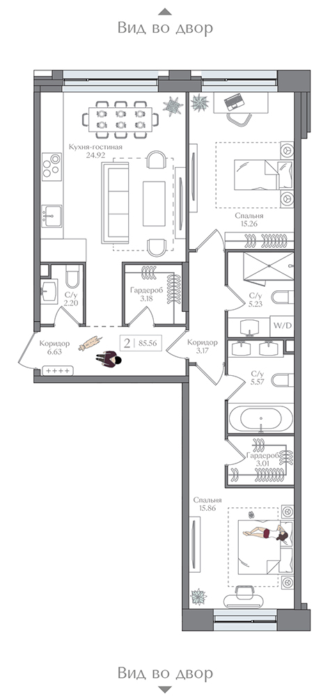 2 комн. квартира, 85.6 м², 4 этаж 