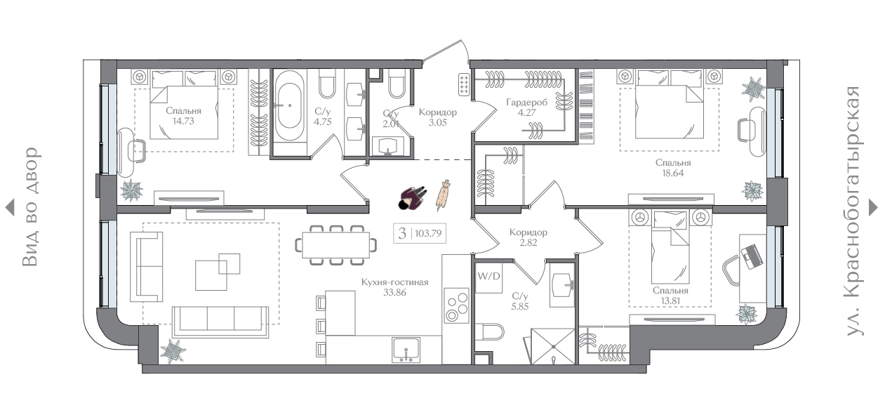 3 комн. квартира, 103.8 м², 12 этаж 