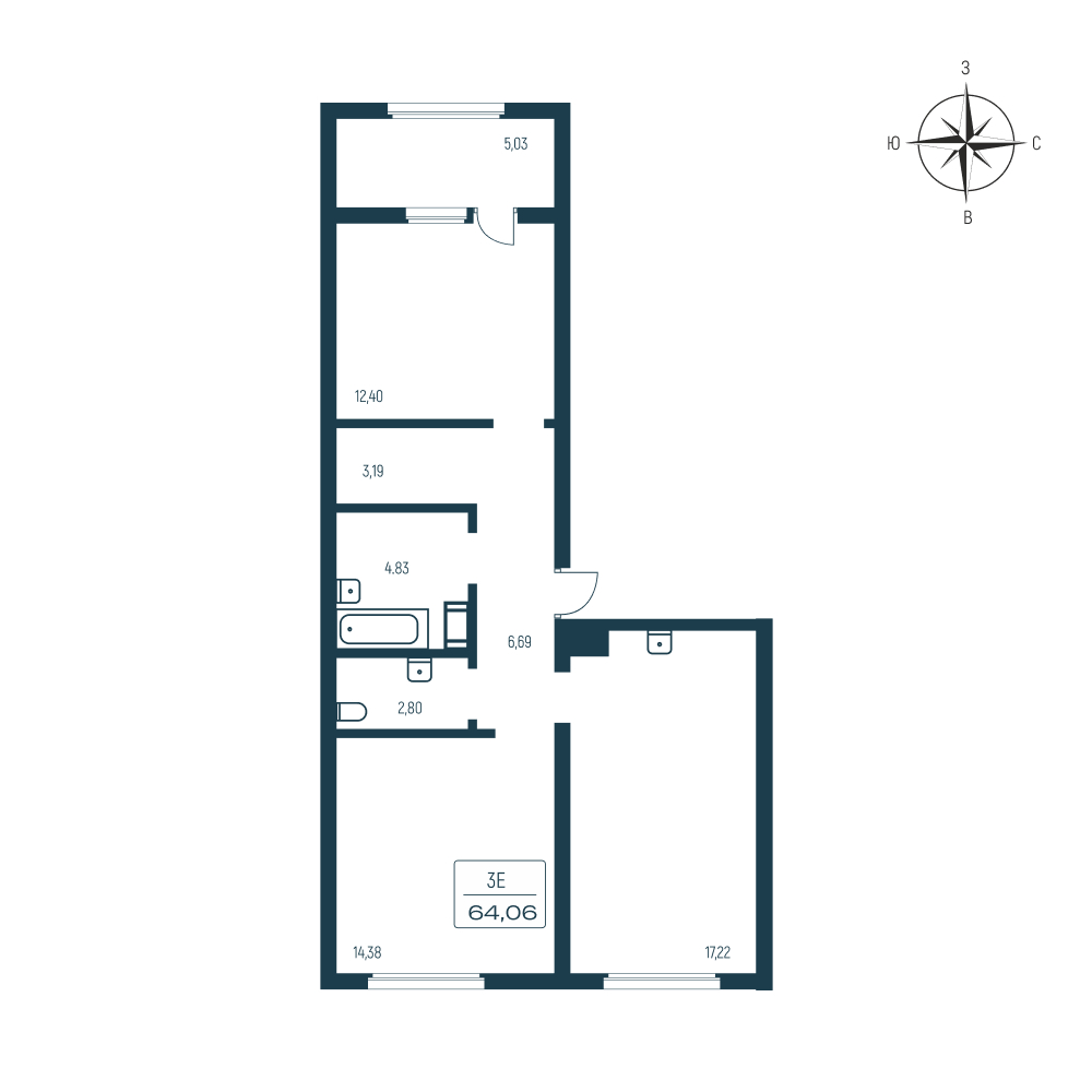 2 комн. квартира, 63.2 м², 11 этаж 