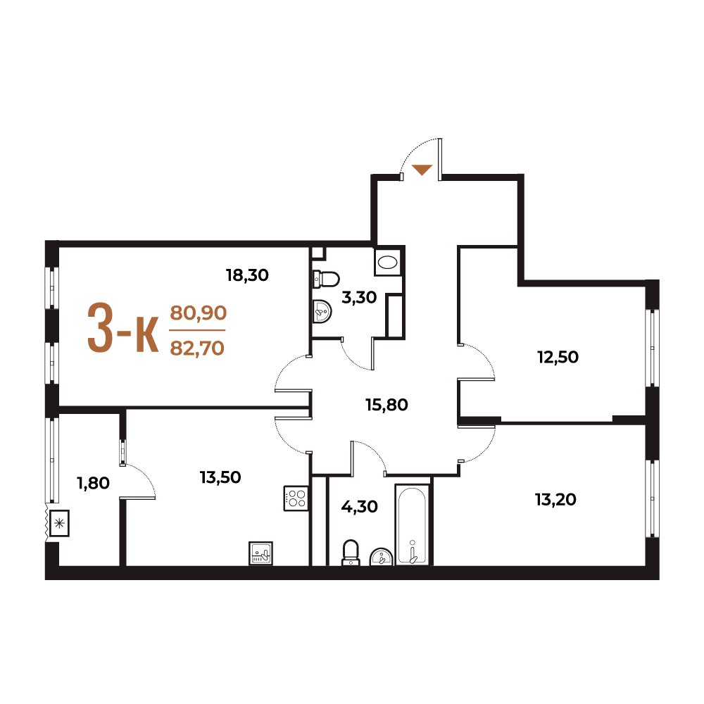 3 комн. квартира, 82.9 м², 3 этаж 
