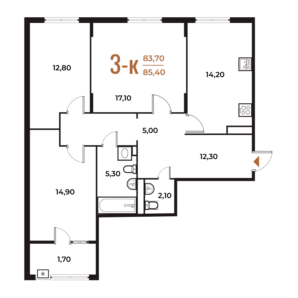 3 комн. квартира, 86 м², 2 этаж 