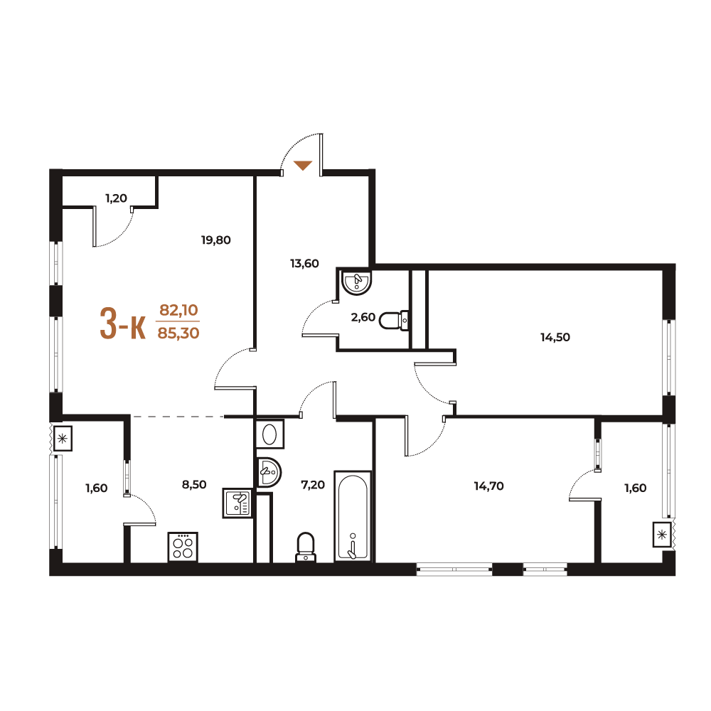 3 комн. квартира, 85.4 м², 2 этаж 
