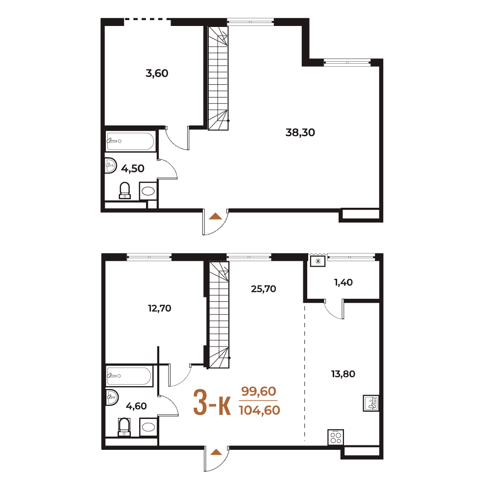 3 комн. квартира, 104.6 м², 7 этаж 