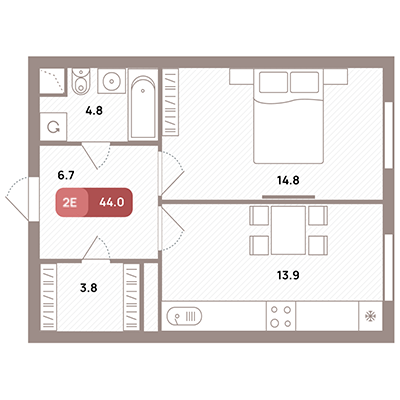2 комн. квартира, 44 м², 15 этаж 