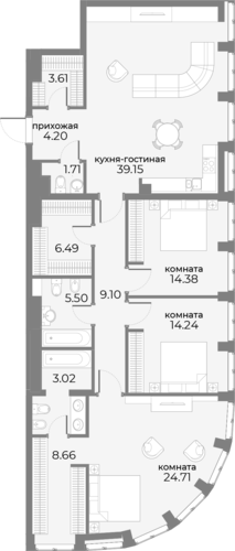 2 комн. квартира, 142.2 м², 11 этаж 