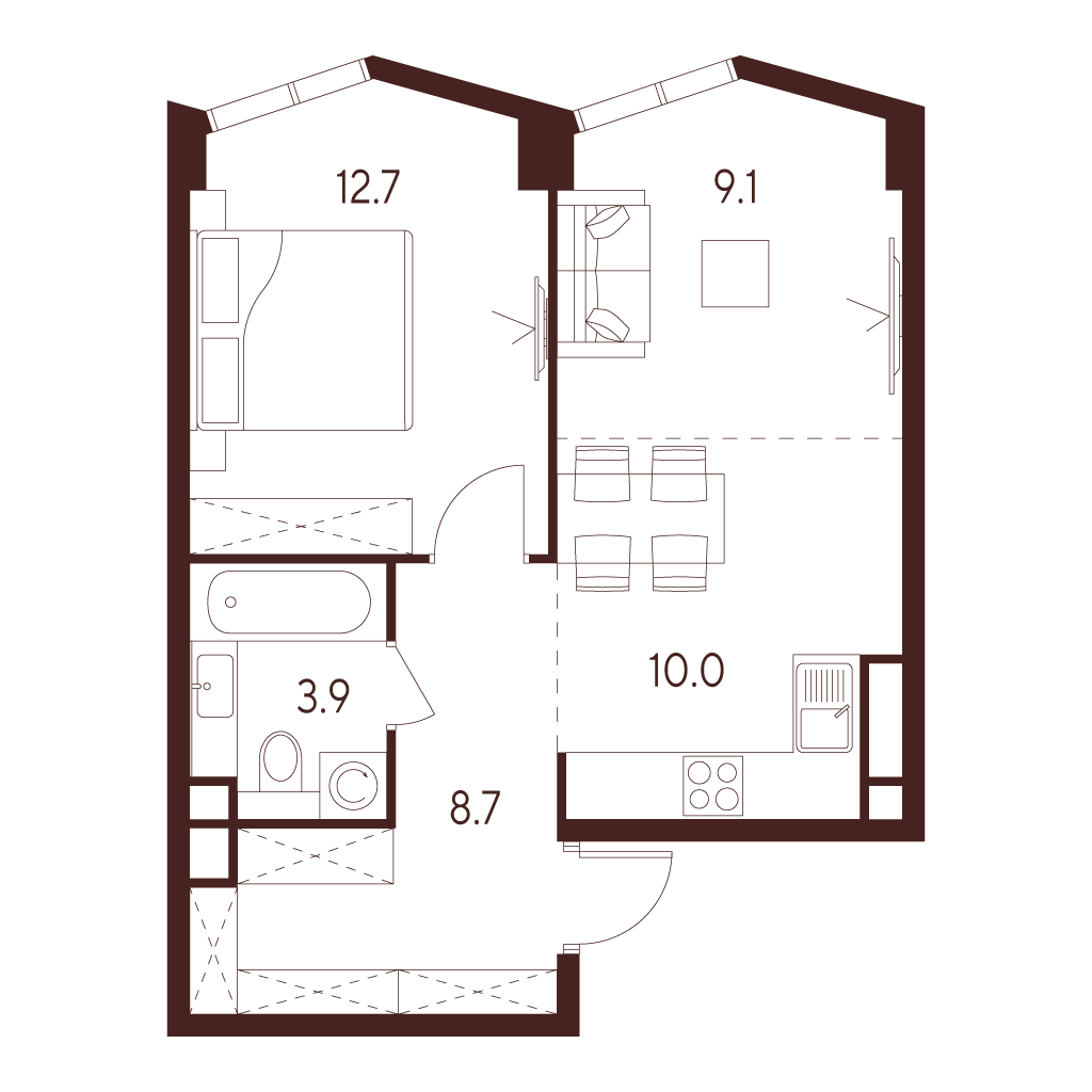2 комн. квартира, 44.4 м², 5 этаж 