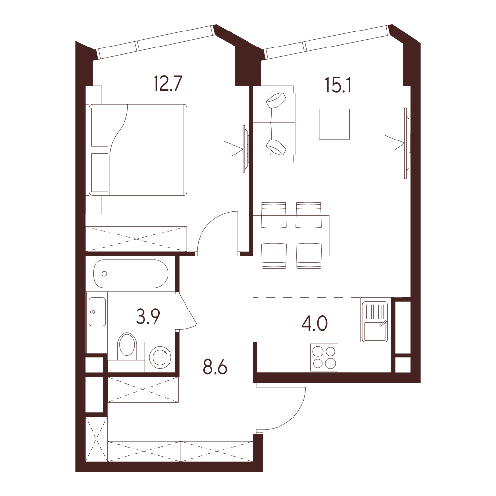 2 комн. квартира, 44.3 м², 20 этаж 