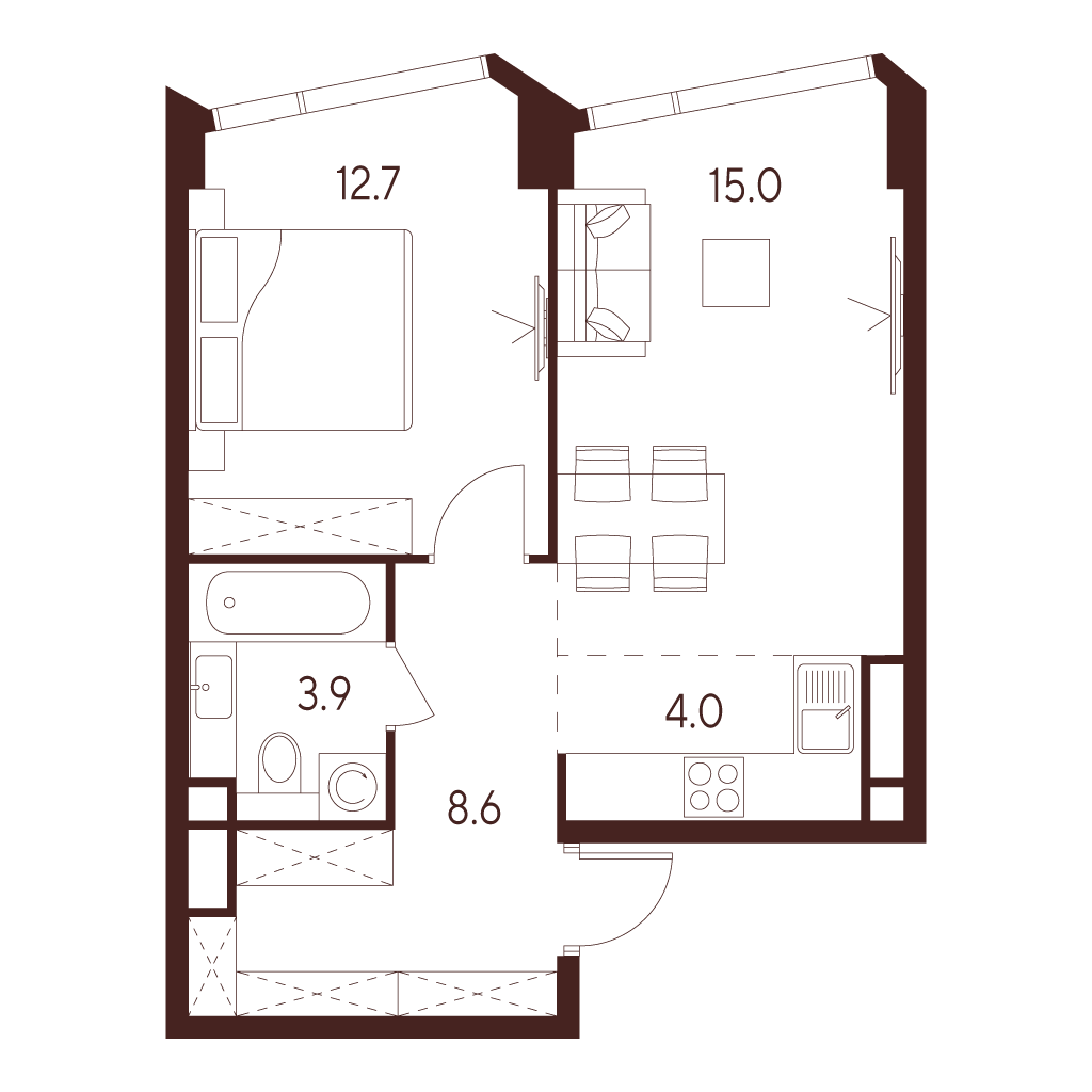 2 комн. квартира, 44.2 м², 22 этаж 