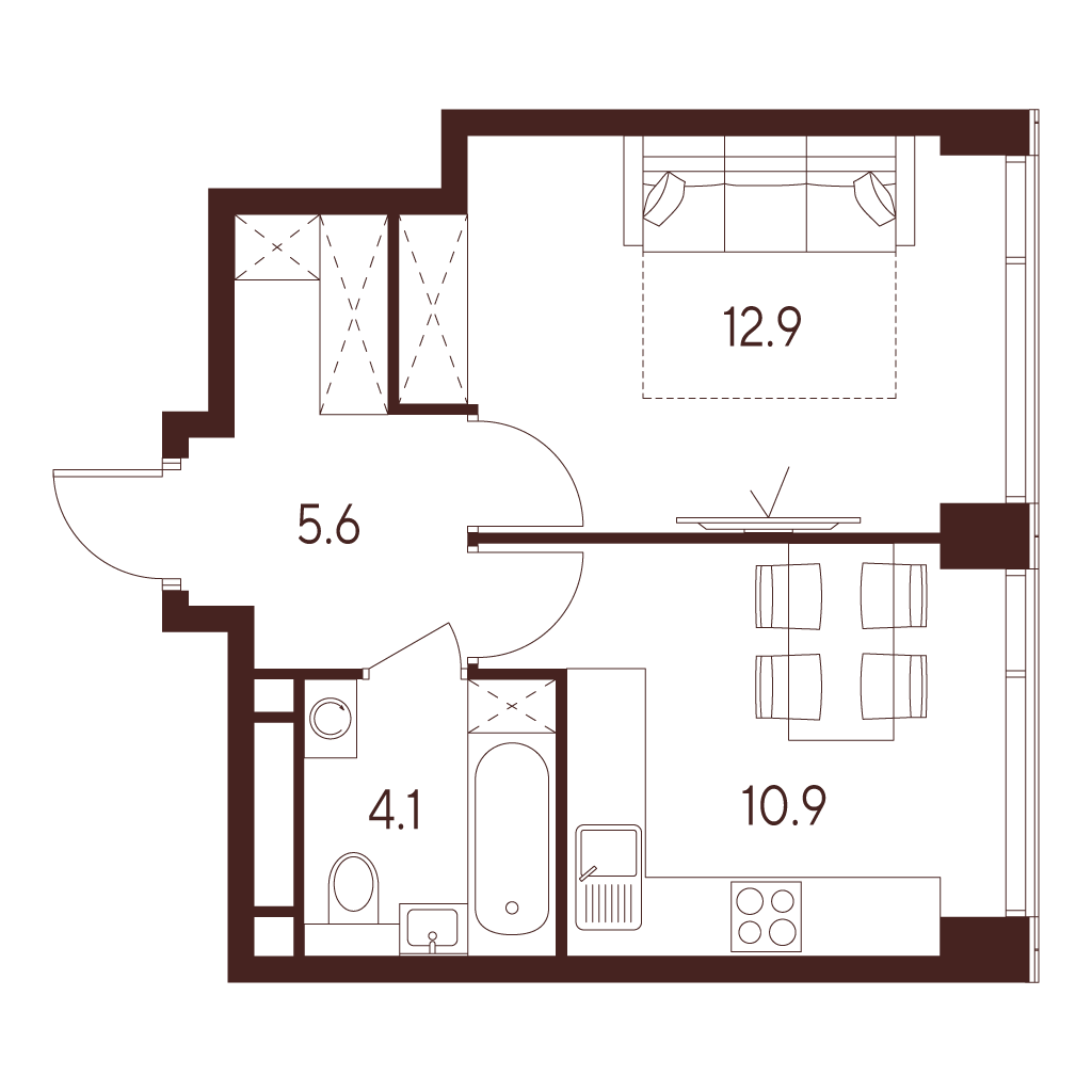 1 комн. квартира, 33.5 м², 13 этаж 