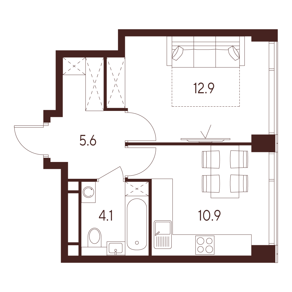 1 комн. квартира, 33.5 м², 21 этаж 