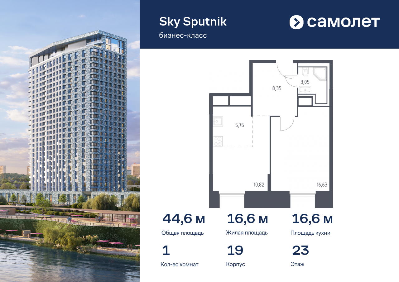 1 комн. квартира, 44.6 м², 23 этаж  (из 32)