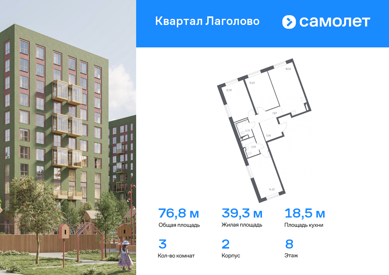 3 комн. квартира, 76.8 м², 8 этаж  (из 9)