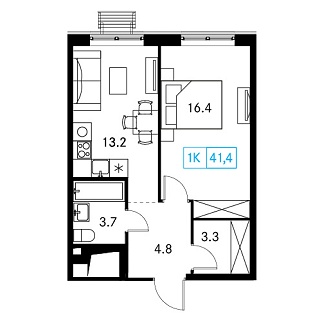 1 комн. квартира, 41.4 м², 17 этаж 