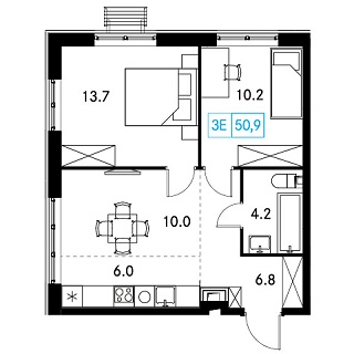 2 комн. квартира, 50.9 м², 16 этаж 