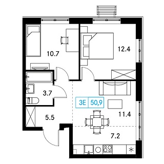 2 комн. квартира, 50.9 м², 17 этаж 