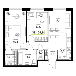 2 комн. квартира, 59.9 м², 17 этаж 