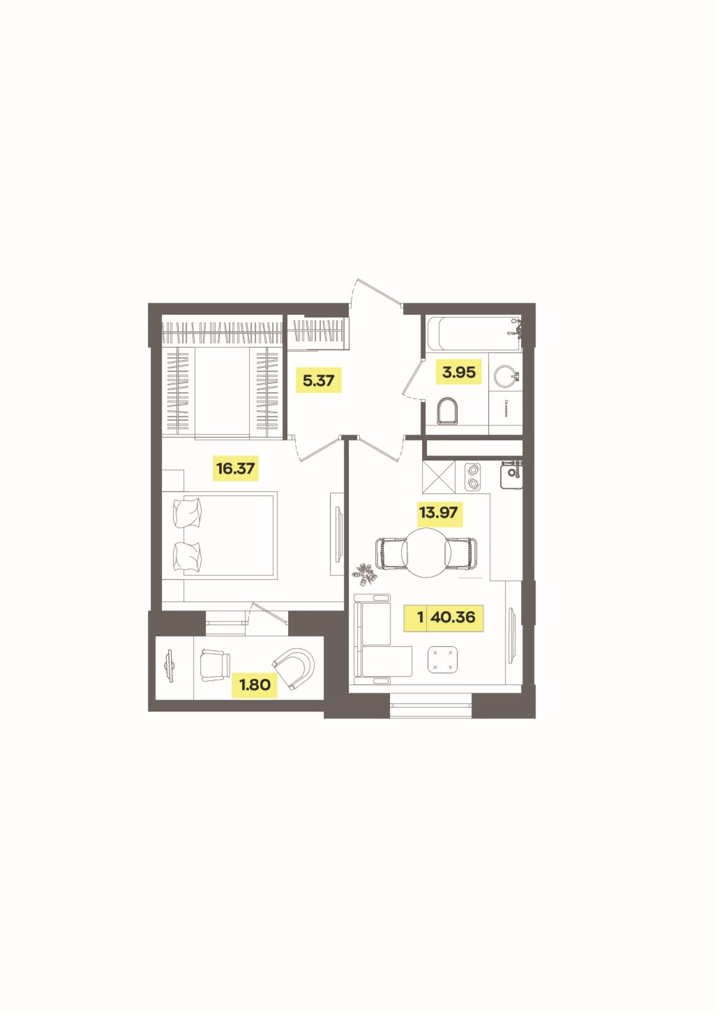 2 комн. квартира, 40.4 м², 2 этаж 