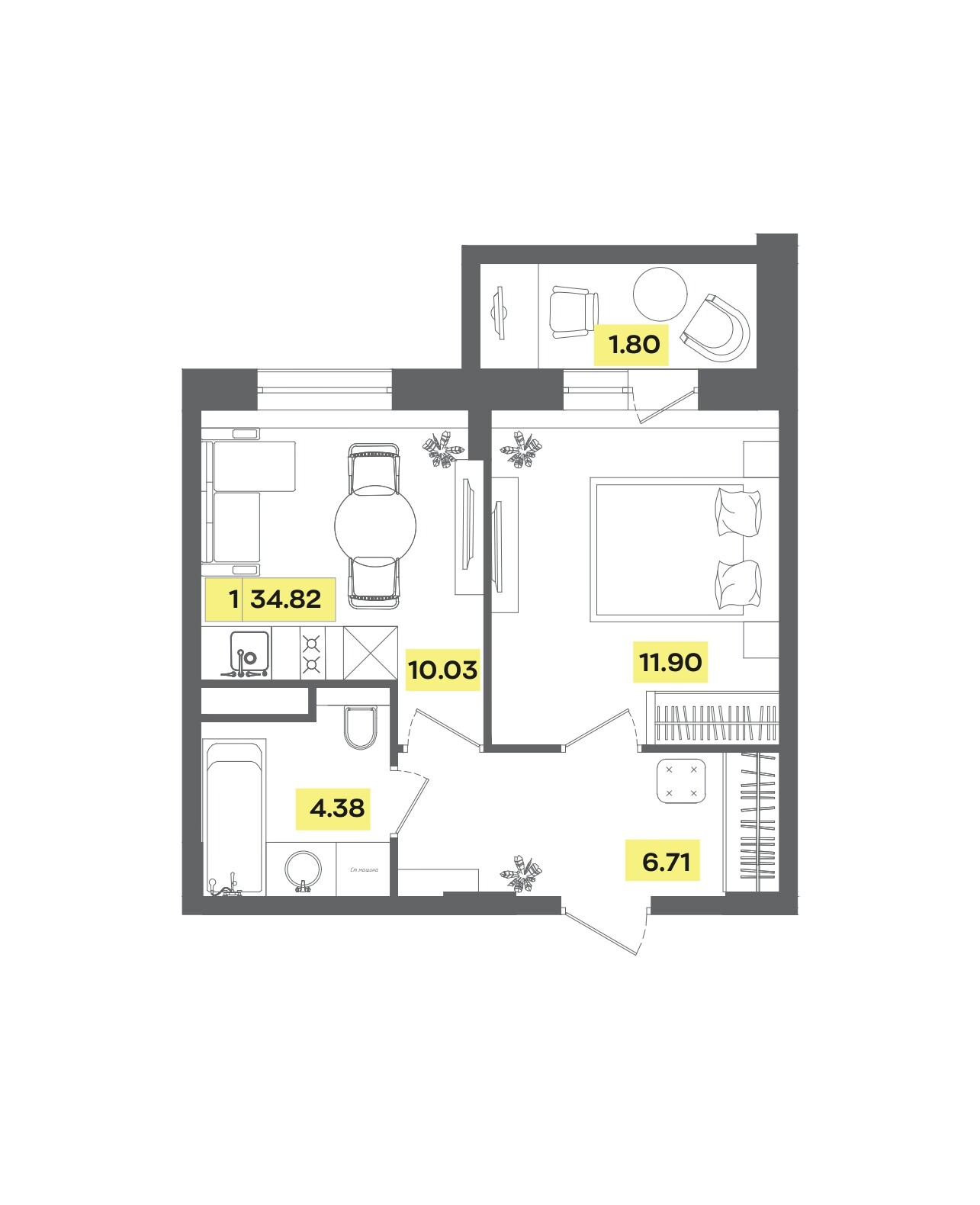 2 комн. квартира, 34.8 м², 4 этаж 