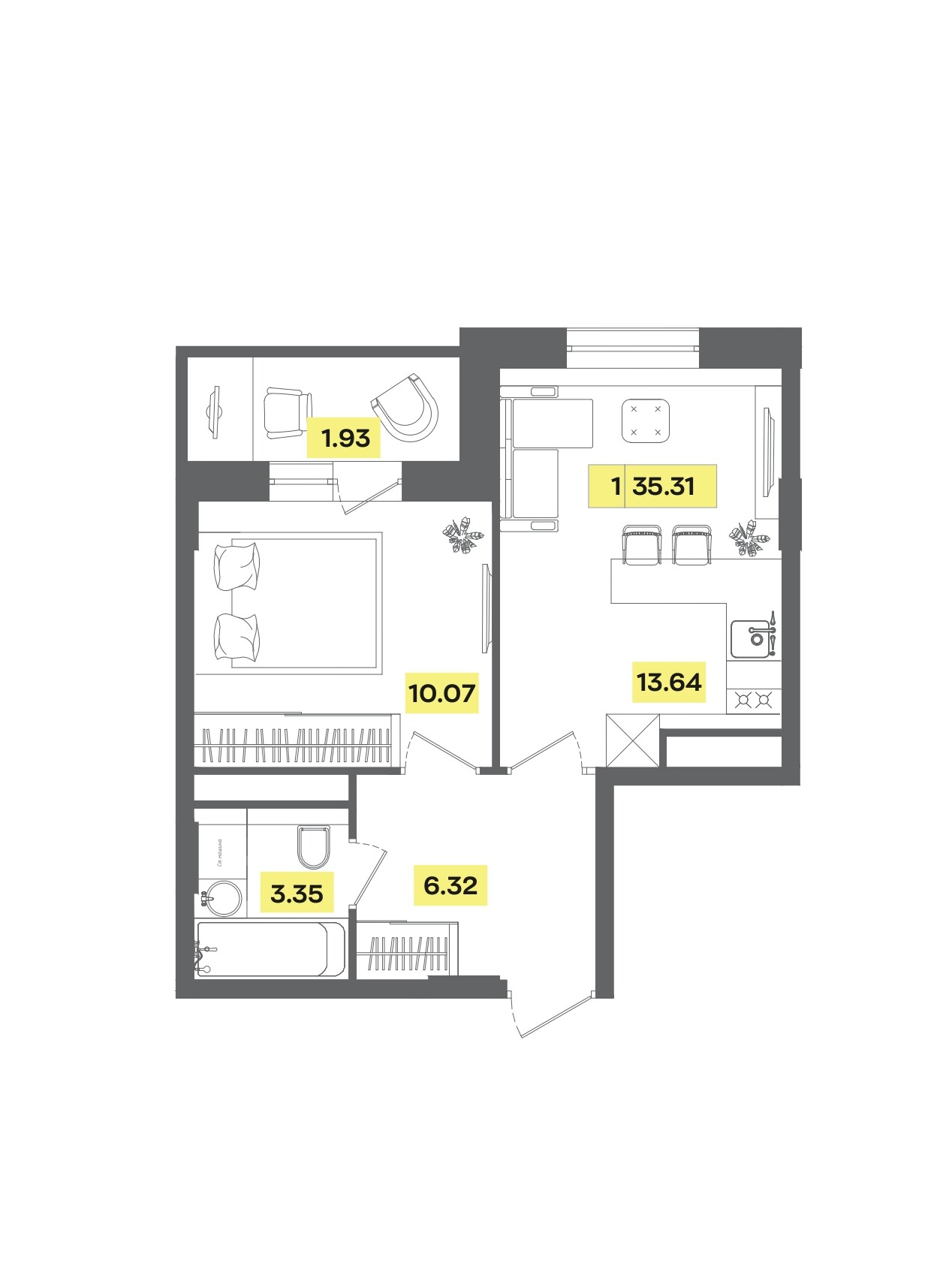 2 комн. квартира, 35.3 м², 5 этаж 