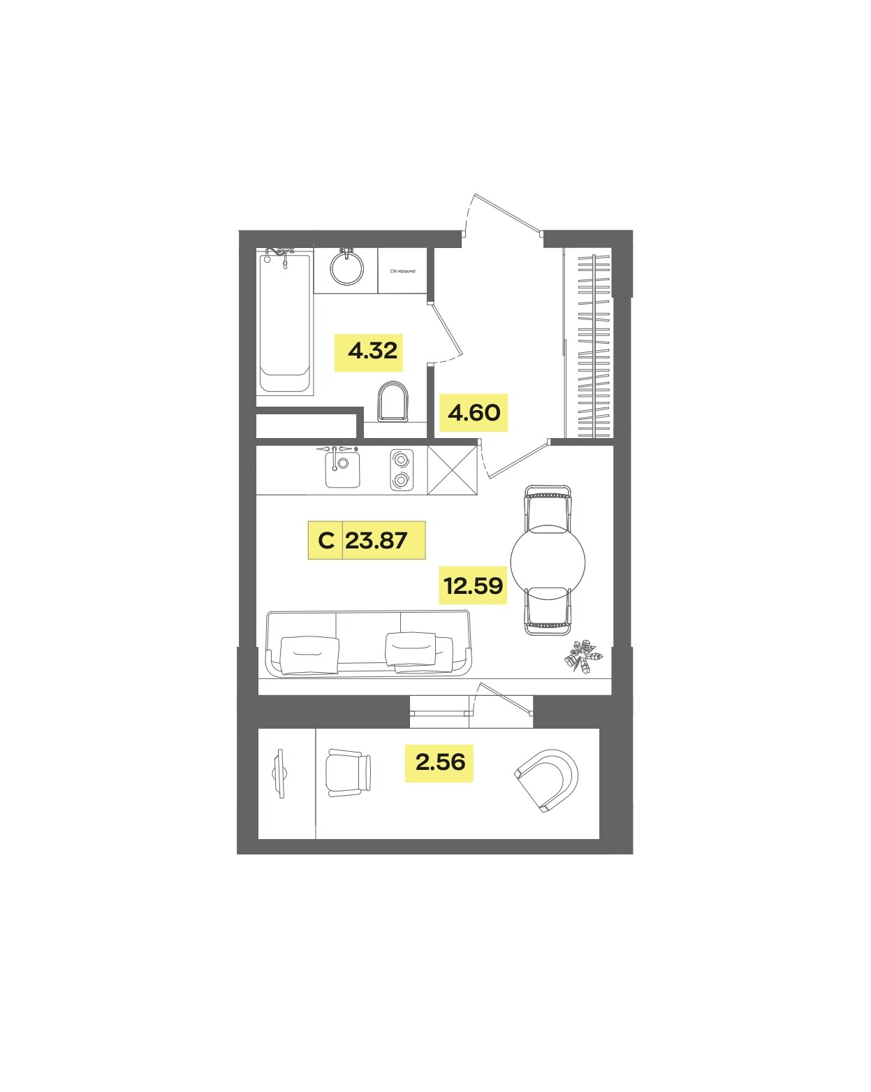 студия, 23.9 м², 7 этаж 