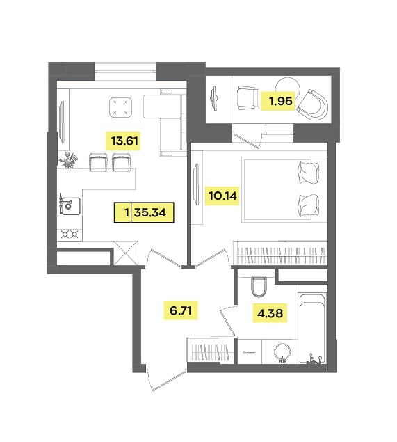 2 комн. квартира, 35.3 м², 9 этаж 
