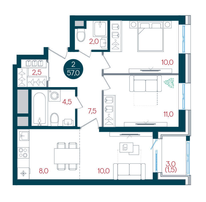 2 комн. квартира, 57 м², 2 этаж 