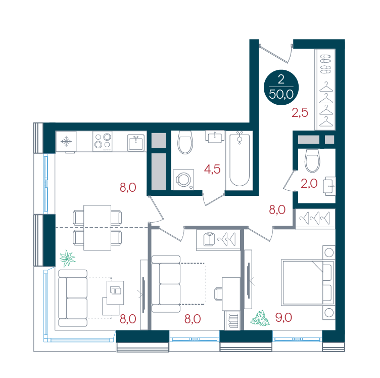2 комн. квартира, 50 м², 2 этаж 