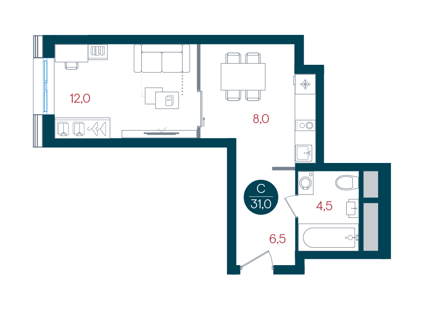 студия, 31 м², 2 этаж 