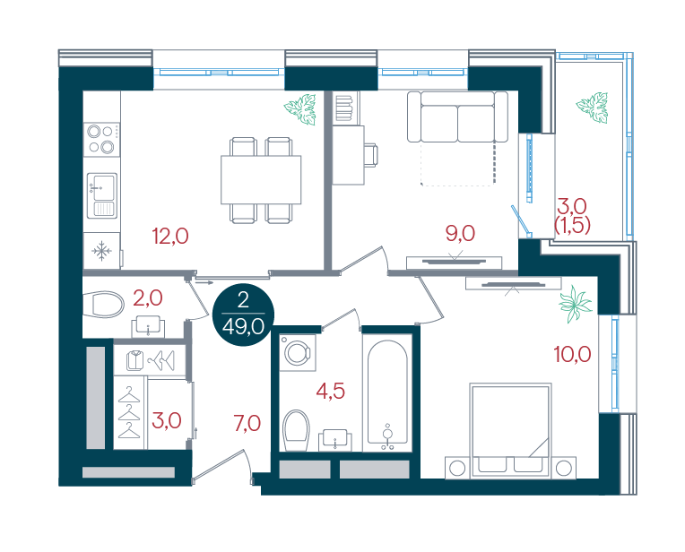 2 комн. квартира, 49 м², 4 этаж 