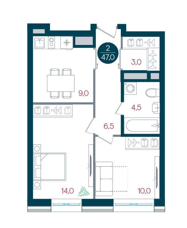 2 комн. квартира, 47 м², 4 этаж 