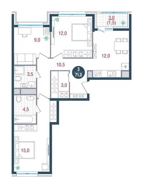 3 комн. квартира, 71 м², 4 этаж 