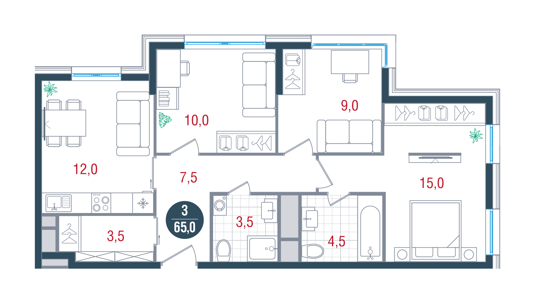 3 комн. квартира, 65 м², 4 этаж 