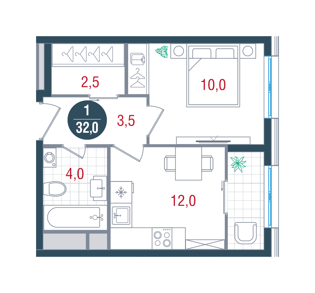 1 комн. квартира, 32 м², 8 этаж 