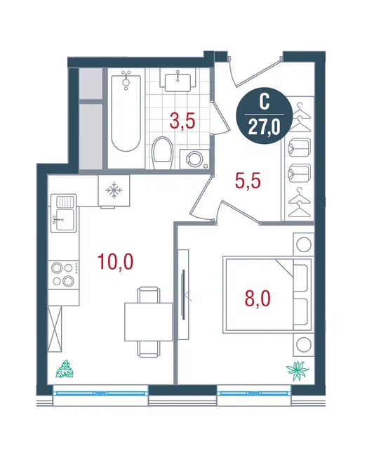 студия, 27 м², 16 этаж 