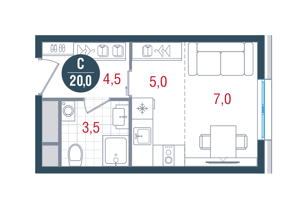 студия, 20 м², 19 этаж 