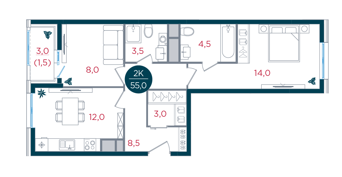 2 комн. квартира, 55 м², 16 этаж 
